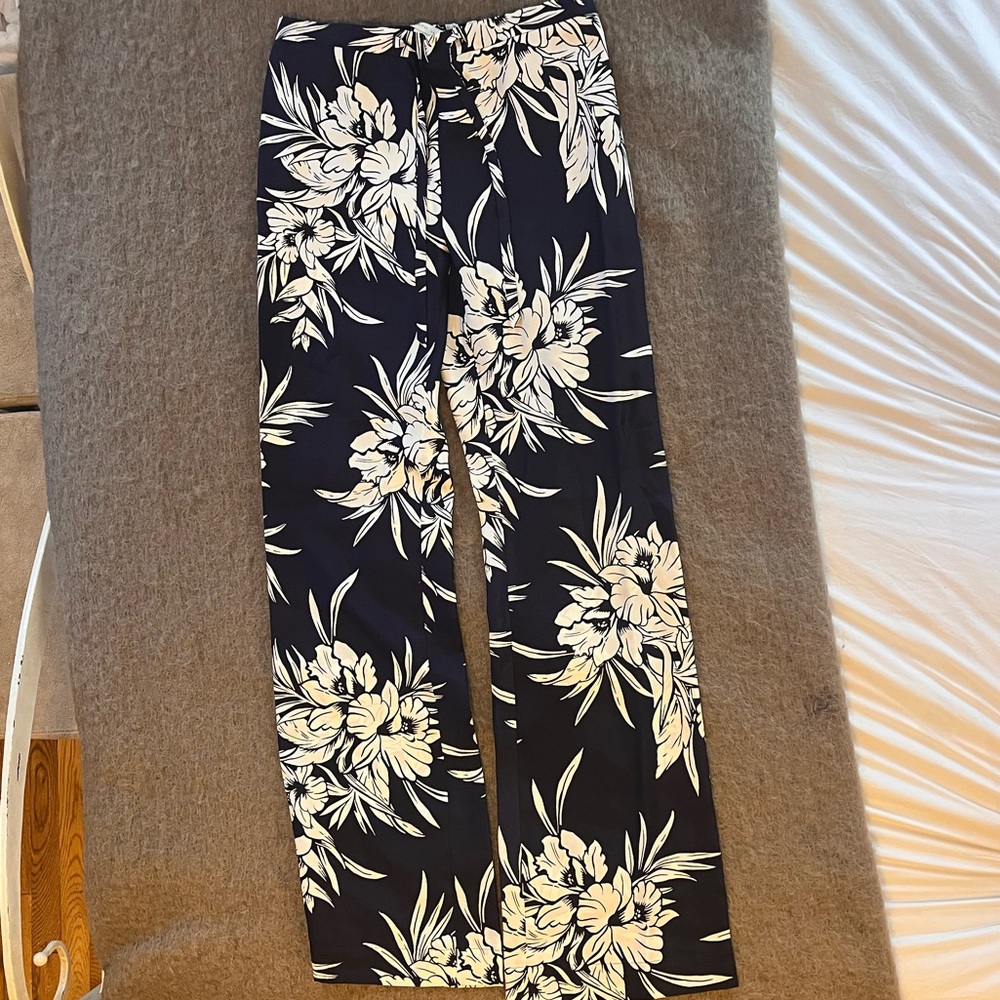 NWT Worth New York Wide Leg Silk Pants Navy & Cream Floral